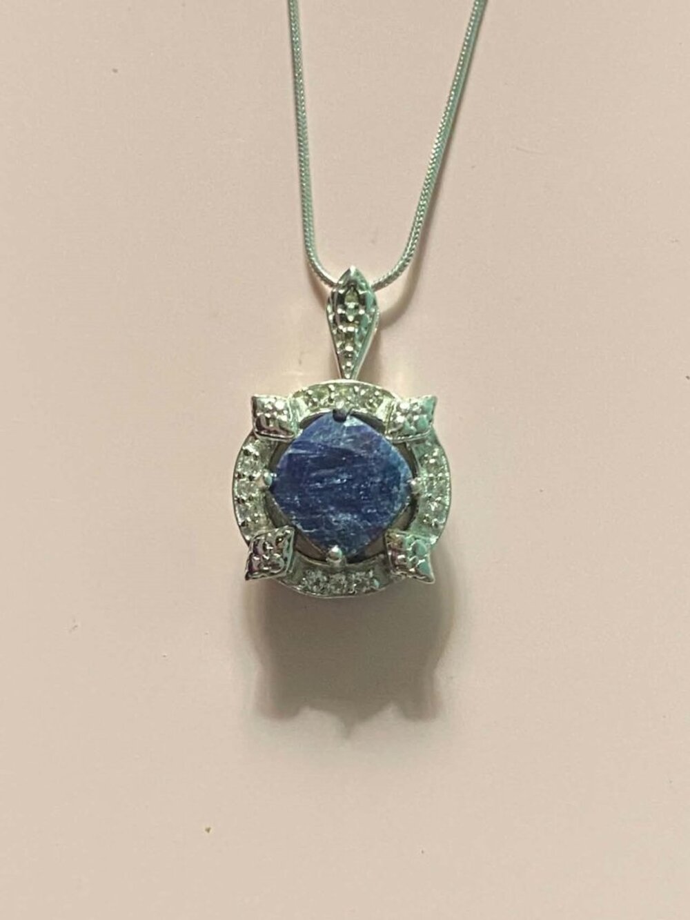 .925 Sterling Silver Square Dyed  Sapphire Round Pendant and Chain